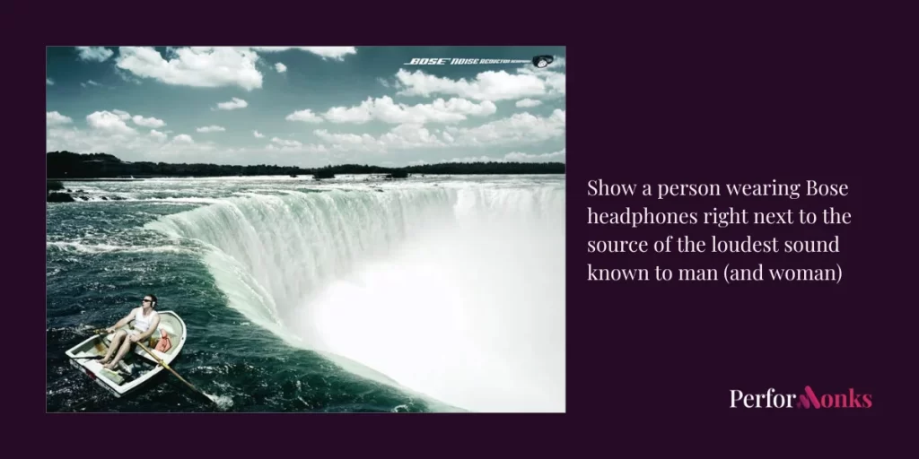 Show a person wearing bose headphones right next to the source of the loudest sound known to man and women