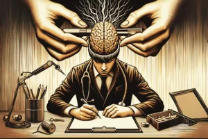 man working at his desk with his brain exposed to two hands from the ceiling, that are adjusting it